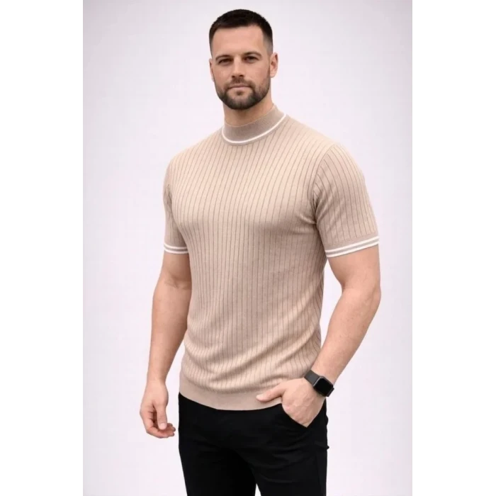 Erkek Fitilli Triko Dokuma Kısa Kol Tişört Yarım Boğaz Modern Yazlık T-shirt - Bej