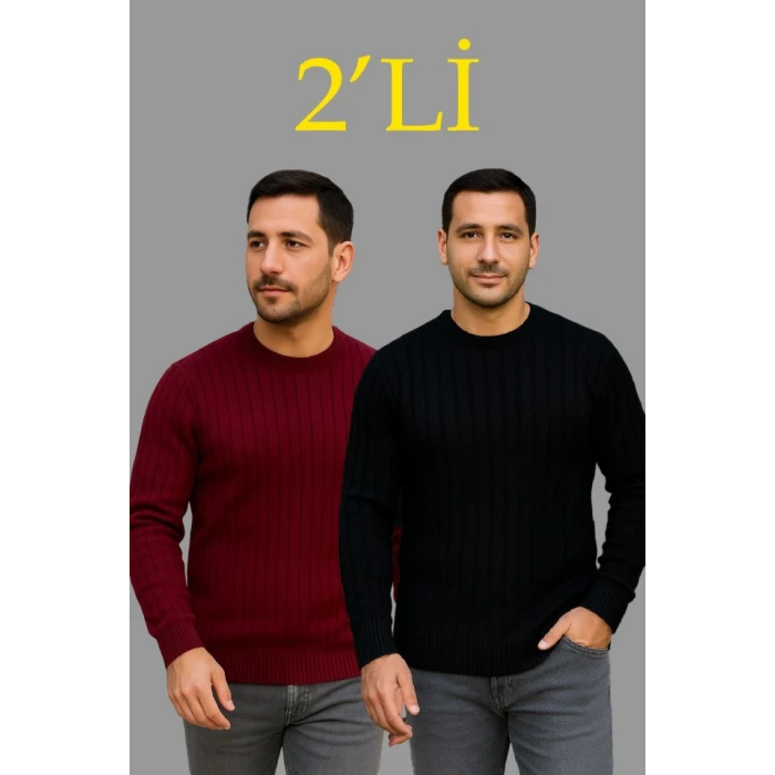 Erkek Fitilli Triko Kazak 2’li Set – Siyah - Bordo, Kalın Dokuma Pamuklu Regular Fit Bisiklet Yaka Uzun Kollu Rahat Kışlık Kazak Kombini