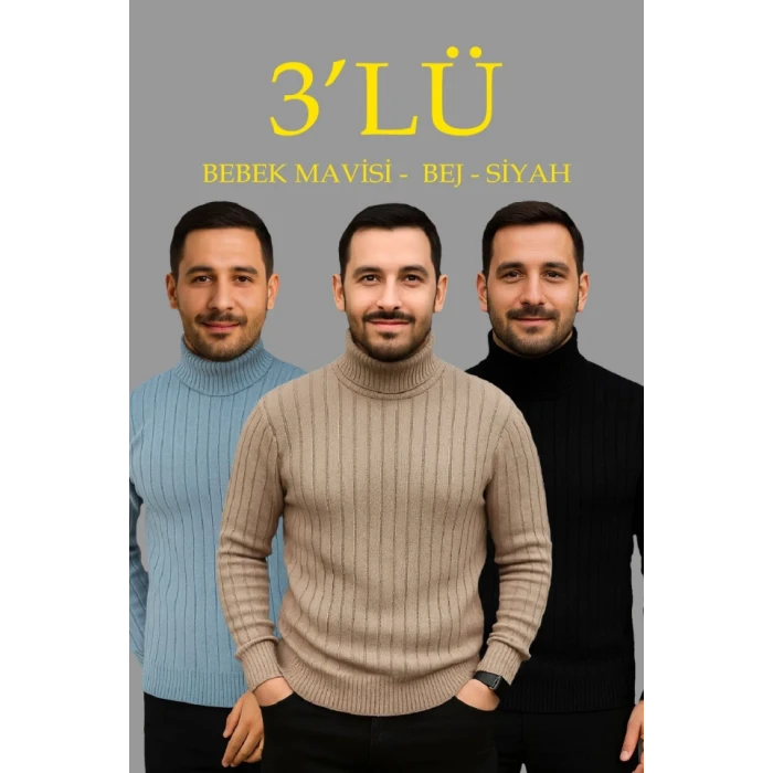Erkek Fitilli Triko Kazak 3lü Set Bebek Mavisi Bej Siyah Regular Balıkcı Yaka Tam Boğazlı Triko Seti Modeli Kazak
