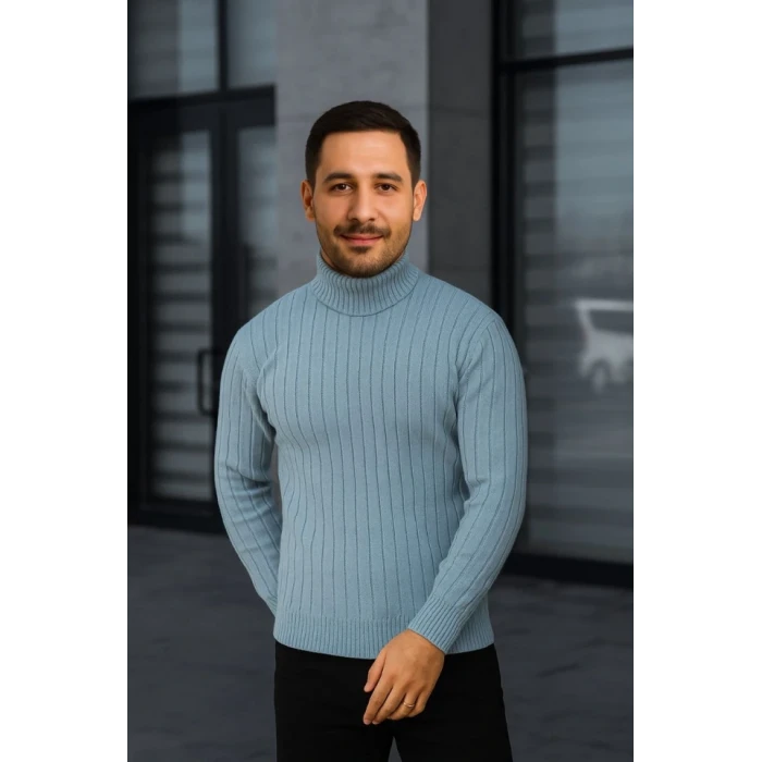 Erkek Fitilli Triko Kazak 3lü Set Bebek Mavisi Bej Siyah Regular Balıkcı Yaka Tam Boğazlı Triko Seti Modeli Kazak