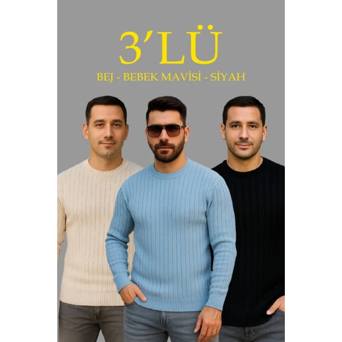 Erkek Fitilli Triko Kazak 3’lü Set – Bej, Bebek Mavisi, Siyahkalın Dokuma Pamuklu Regular Fit Bisiklet Yaka Uzun Kollu Kışlık Ve Baharlık Rahat Triko Kombini