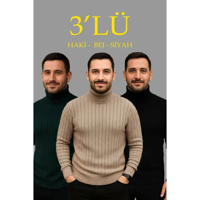 Erkek Fitilli Triko Kazak 3lü Set Bej Haki Siyah Regular Balıkcı Yaka Tam Boğazlı Triko Seti Modeli Kazak