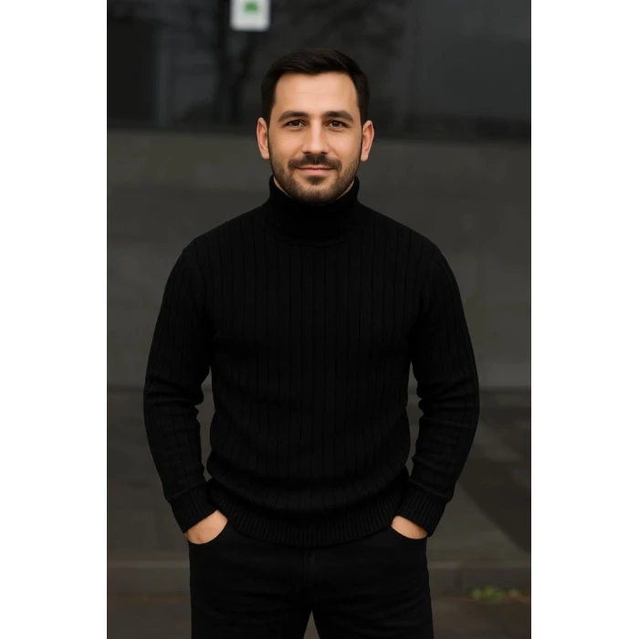 Erkek Fitilli Triko Kazak 3lü Set Beyaz Bordo Siyah Regular Balıkcı Yaka Tam Boğazlı Triko Seti Modeli Kazak