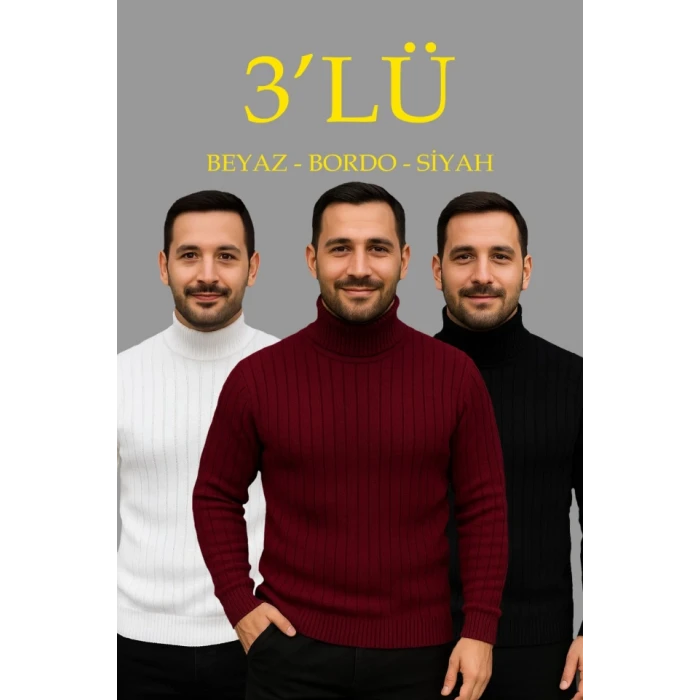 Erkek Fitilli Triko Kazak 3lü Set Beyaz Bordo Siyah Regular Balıkcı Yaka Tam Boğazlı Triko Seti Modeli Kazak