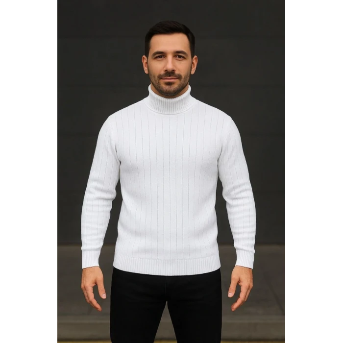 Erkek Fitilli Triko Kazak 3lü Set Beyaz Bordo Siyah Regular Balıkcı Yaka Tam Boğazlı Triko Seti Modeli Kazak