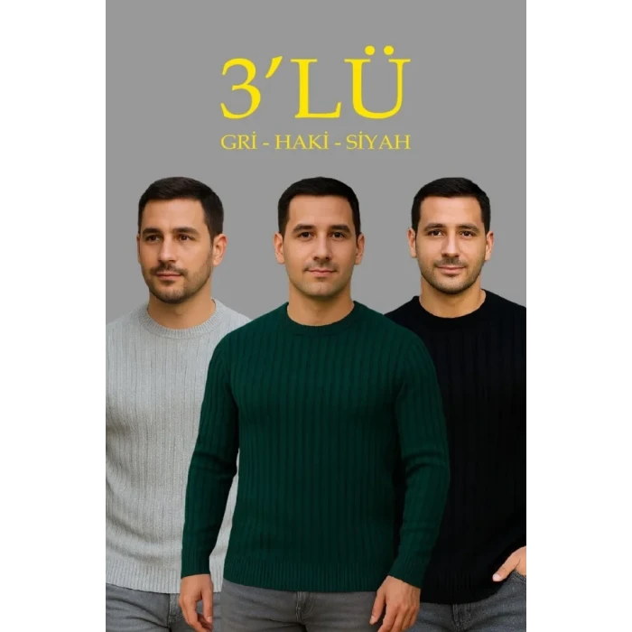 Erkek Fitilli Triko Kazak 3lü Set Gri Haki Siyah Regular Fit Bisiklet Yaka Triko Seti Modeli Kazak