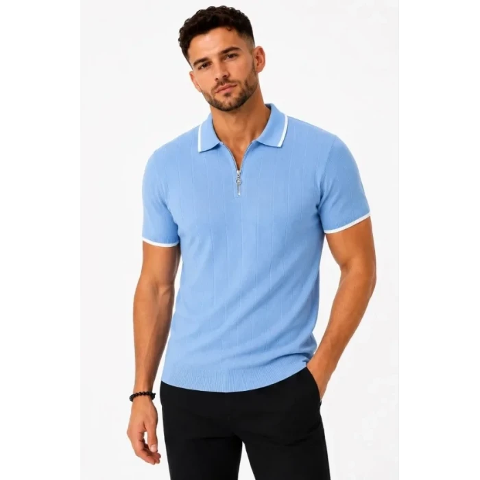 Erkek Fitilli Triko T-shirt Polo Yaka Yarım Fermuarlı Kısa Kollu Tişört - Açık Mavi