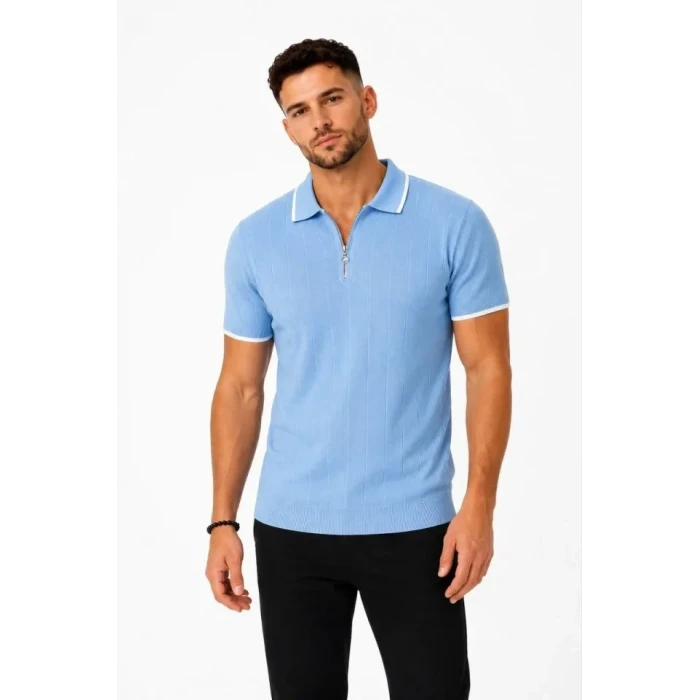 Erkek Fitilli Triko T-shirt Polo Yaka Yarım Fermuarlı Kısa Kollu Tişört - Açık Mavi