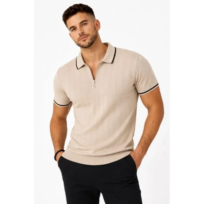 Erkek Fitilli Triko T-shirt Polo Yaka Yarım Fermuarlı Kısa Kollu Tişört - Bej