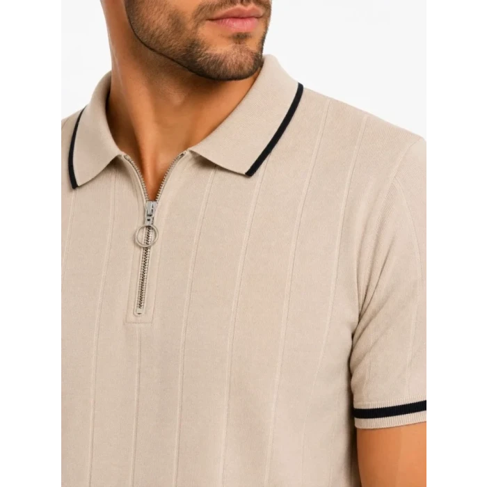 Erkek Fitilli Triko T-shirt Polo Yaka Yarım Fermuarlı Kısa Kollu Tişört - Bej