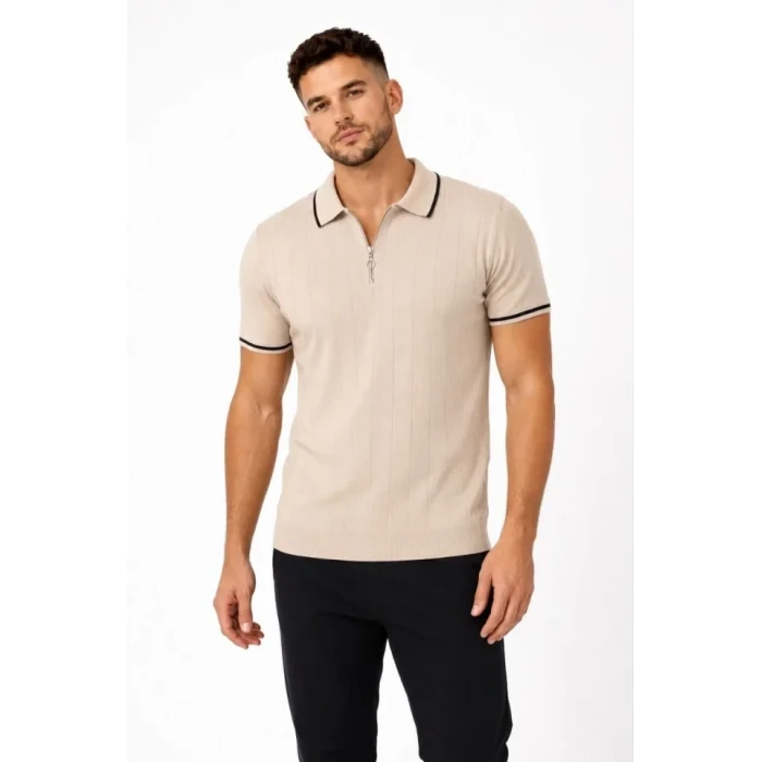 Erkek Fitilli Triko T-shirt Polo Yaka Yarım Fermuarlı Kısa Kollu Tişört - Bej