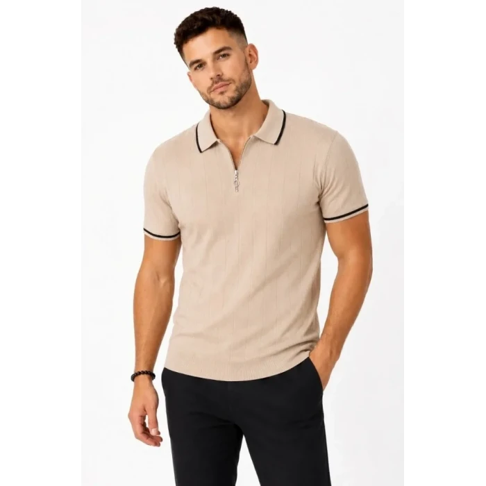 Erkek Fitilli Triko T-shirt Polo Yaka Yarım Fermuarlı Kısa Kollu Tişört - Bej