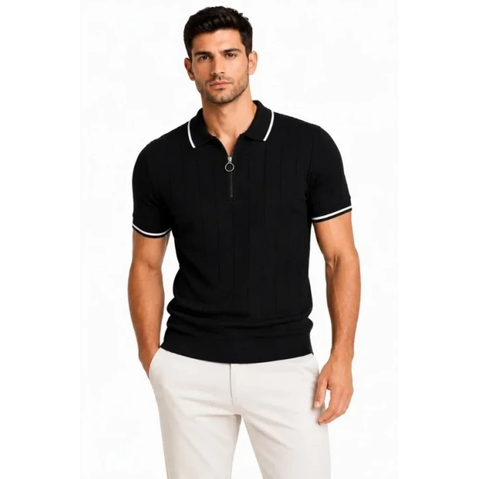 Erkek Fitilli Triko T-shirt Polo Yaka Yarım Fermuarlı Kısa Kollu Tişört - Siyah