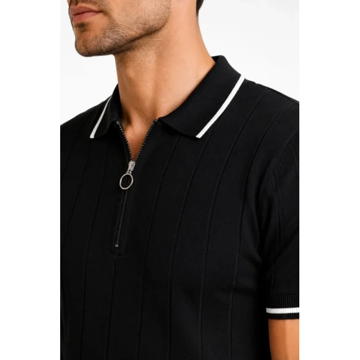 Erkek Fitilli Triko T-shirt Polo Yaka Yarım Fermuarlı Kısa Kollu Tişört - Siyah