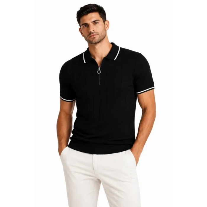 Erkek Fitilli Triko T-shirt Polo Yaka Yarım Fermuarlı Kısa Kollu Tişört - Siyah