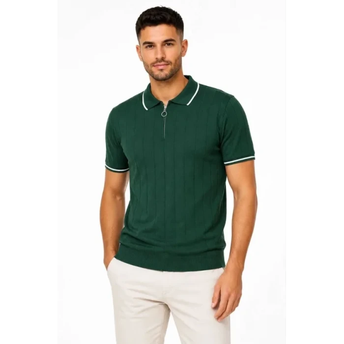 Erkek Fitilli Triko T-shirt Polo Yaka Yarım Fermuarlı Kısa Kollu Tişört - Yeşil