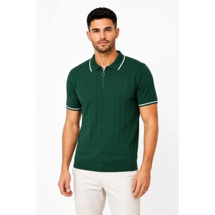 Erkek Fitilli Triko T-shirt Polo Yaka Yarım Fermuarlı Kısa Kollu Tişört - Yeşil
