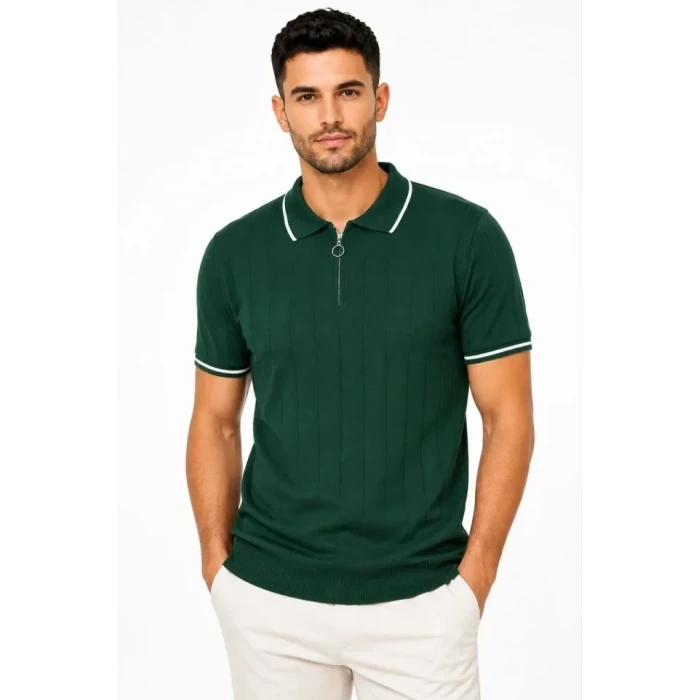 Erkek Fitilli Triko T-shirt Polo Yaka Yarım Fermuarlı Kısa Kollu Tişört - Yeşil