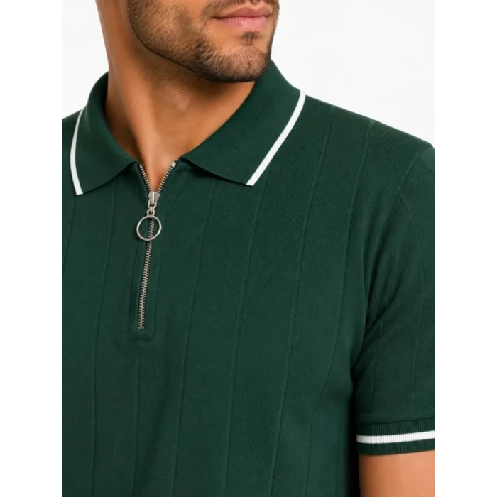 Erkek Fitilli Triko T-shirt Polo Yaka Yarım Fermuarlı Kısa Kollu Tişört - Yeşil