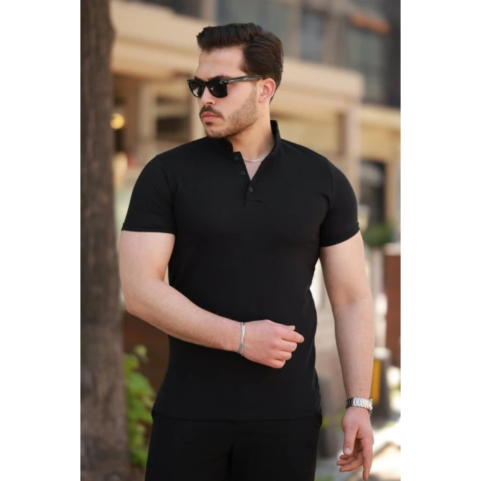 Erkek Hakim Yaka Dokuma Pamuklu Kumaş Kısa Kollu T-shirt