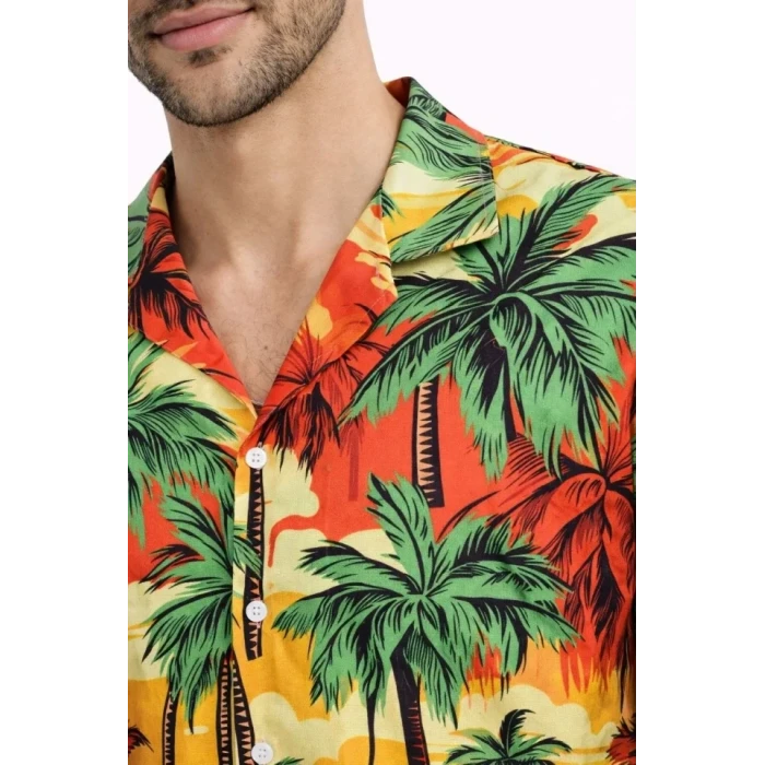 Erkek Hawaii Tarz Tropikal Palmiye Desenli Kısa Kol Gömlek Rahat Kalıp Yazlık - Desenli
