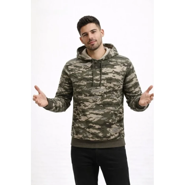 Erkek Kamuflaj Desenli 2 İplik 4 Mevsim Kapüşonlu Kanguru Cepli Hoodie Sweatshirt - Kamuflaj