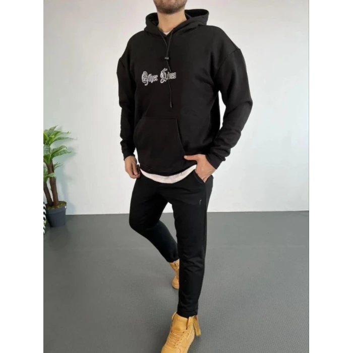 Erkek Kapşonlu Sweatshirt – Oversize Üç İplik Şardonlu Hoodie, “other Lives” Ön - Arka Baskılı, Kanguru Cepli, Kışlık Rahat Günlük Stil - Siyah