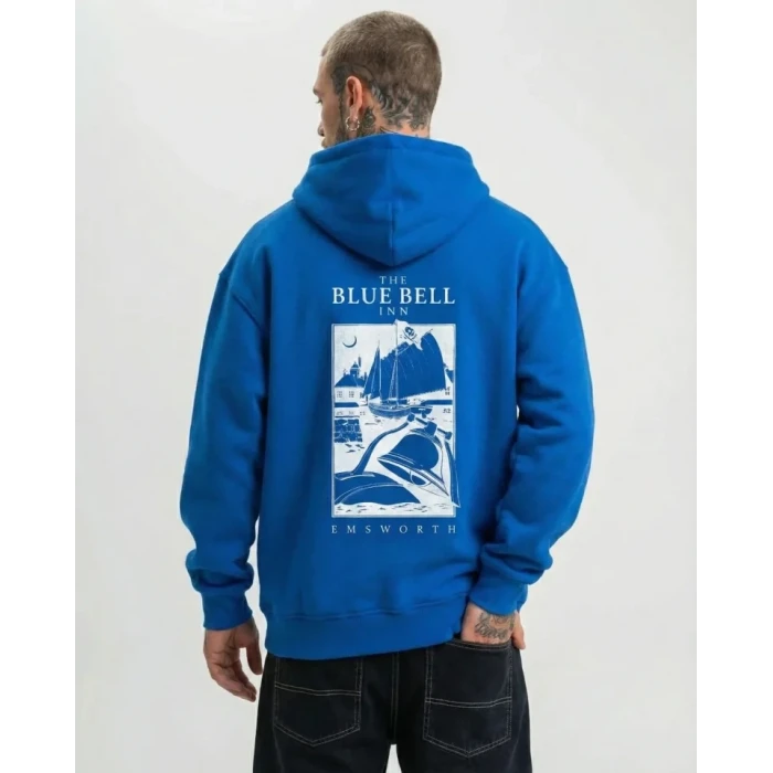 Erkek Kapüşonlu Double Oversize Üç İplik Pamuklu Deniz Yelken Baskılı Kanguru - Saks Mavisi