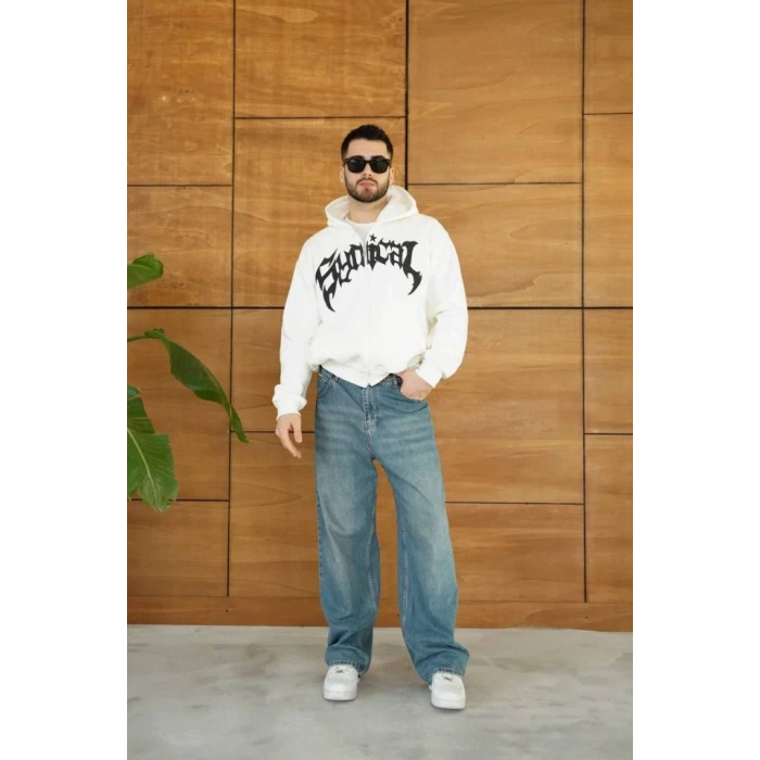 Erkek Kapüşonlu Sweatshirt Hoodie 3 İplik Şardonlu Pamuklu Kumaş, Önü Baskılı, Fermuarlı Rahat Kalıp, Kışlık Ve Sokak Stili Sweat - Beyaz