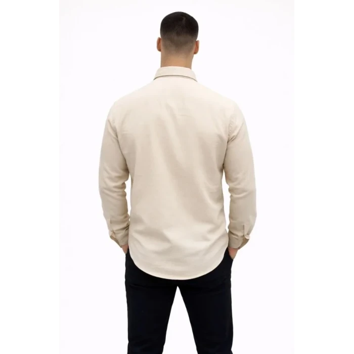 Erkek Keten Kumaş Oversize Uzun Kollu Rahat Kalıp Gömlek - Bej