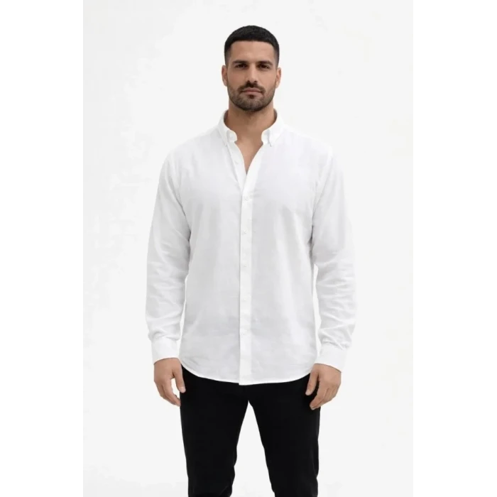 Erkek Keten Kumaş Oversize Uzun Kollu Rahat Kalıp Gömlek - Beyaz