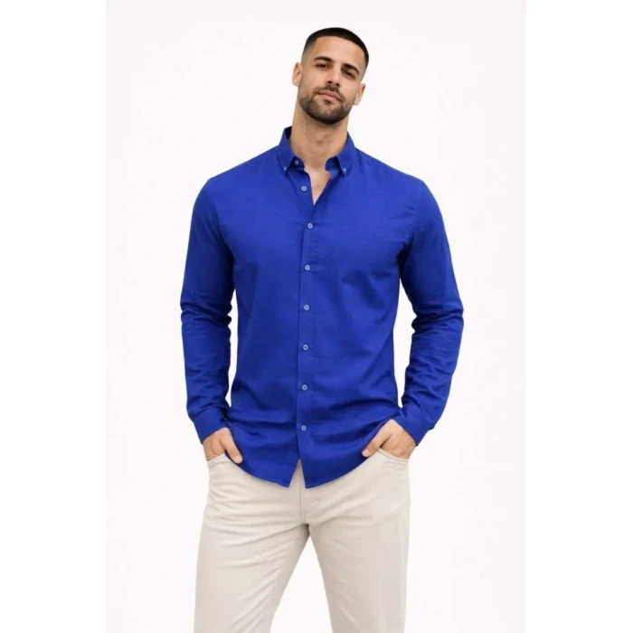Erkek Keten Kumaş Oversize Uzun Kollu Rahat Kalıp Gömlek - Saks Mavisi