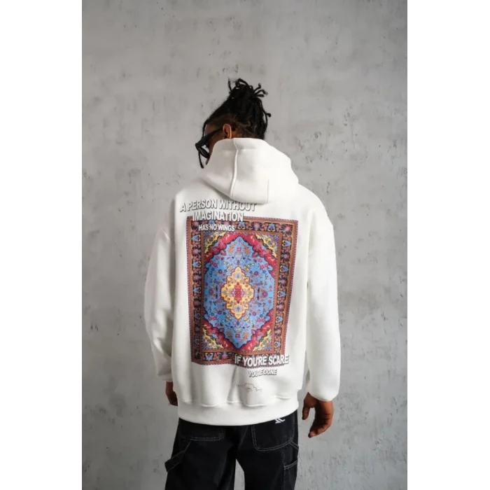 Erkek Kilim Desen Kapüşonlu Sweat- Beyaz