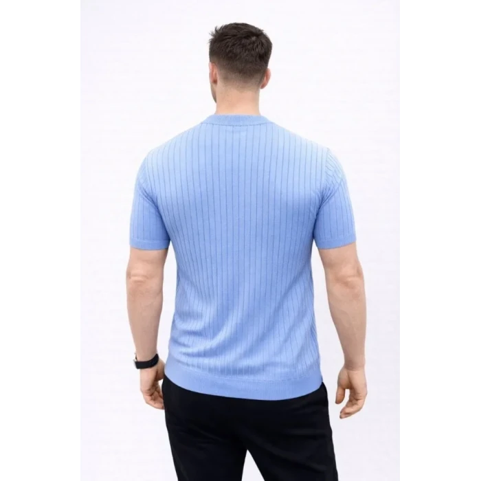 Erkek Kısa Kol Fitilli Triko T-shirt Yazlık Hakim Yaka Tişört - Bebek Mavisi