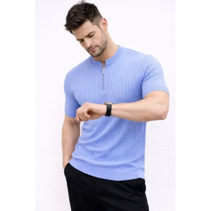 Erkek Kısa Kol Fitilli Triko T-shirt Yazlık Hakim Yaka Tişört - Bebek Mavisi
