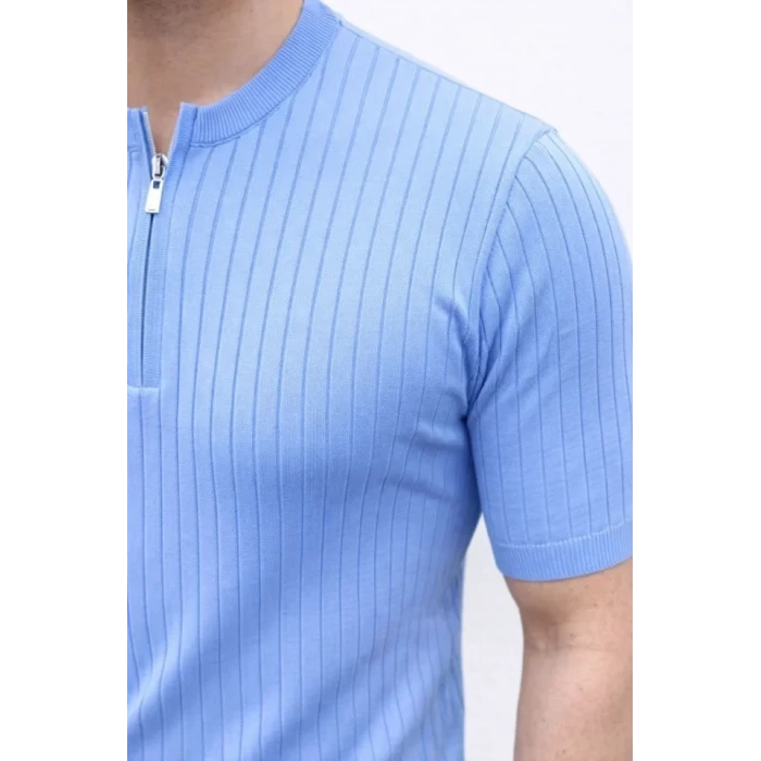 Erkek Kısa Kol Fitilli Triko T-shirt Yazlık Hakim Yaka Tişört - Bebek Mavisi