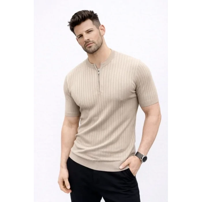 Erkek Kısa Kol Fitilli Triko T-shirt Yazlık Hakim Yaka Tişört - Bej