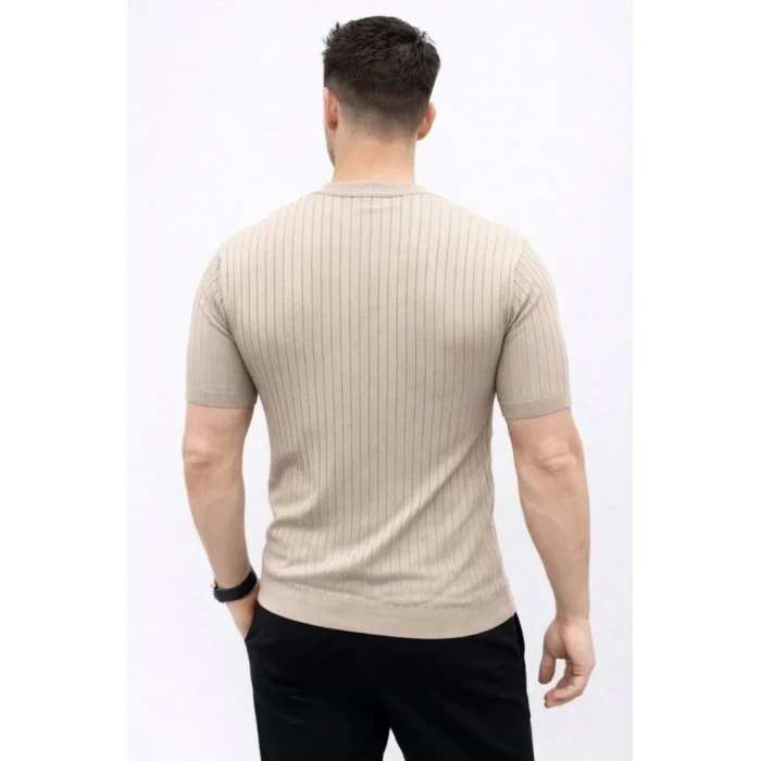 Erkek Kısa Kol Fitilli Triko T-shirt Yazlık Hakim Yaka Tişört - Bej