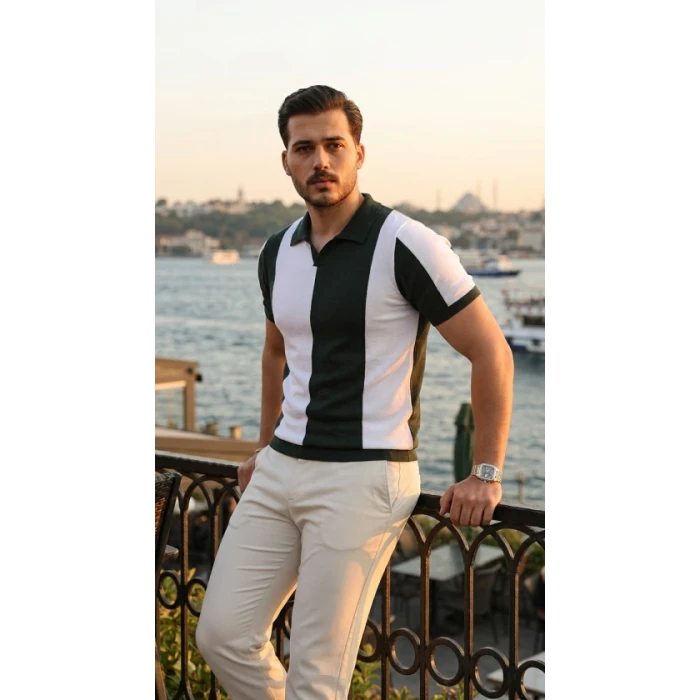 Erkek Kısa Kollu Polo Yakalı Blok Desenli Triko Bluz