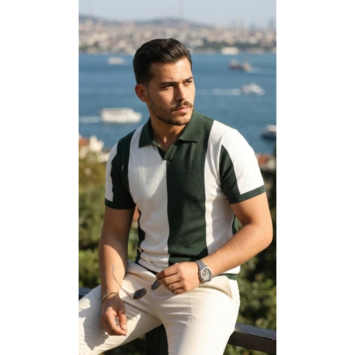 Erkek Kısa Kollu Polo Yakalı Blok Desenli Triko Bluz