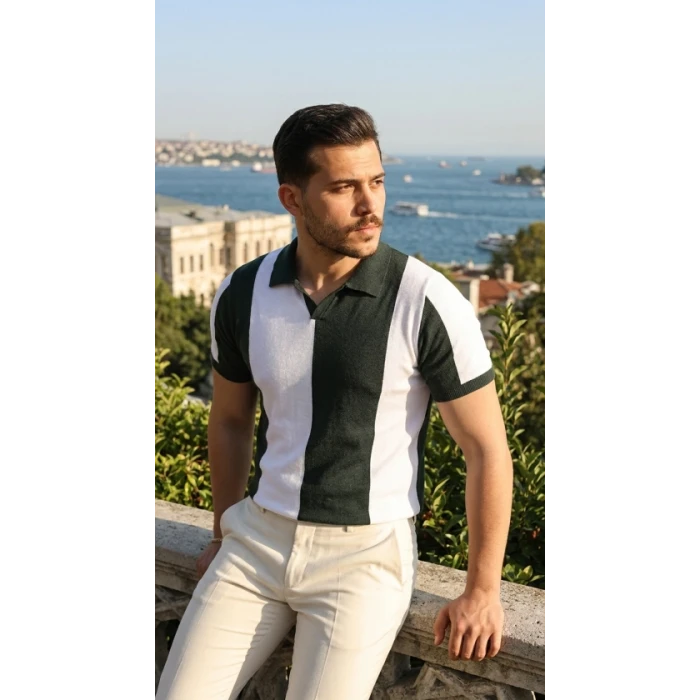 Erkek Kısa Kollu Polo Yakalı Blok Desenli Triko Bluz