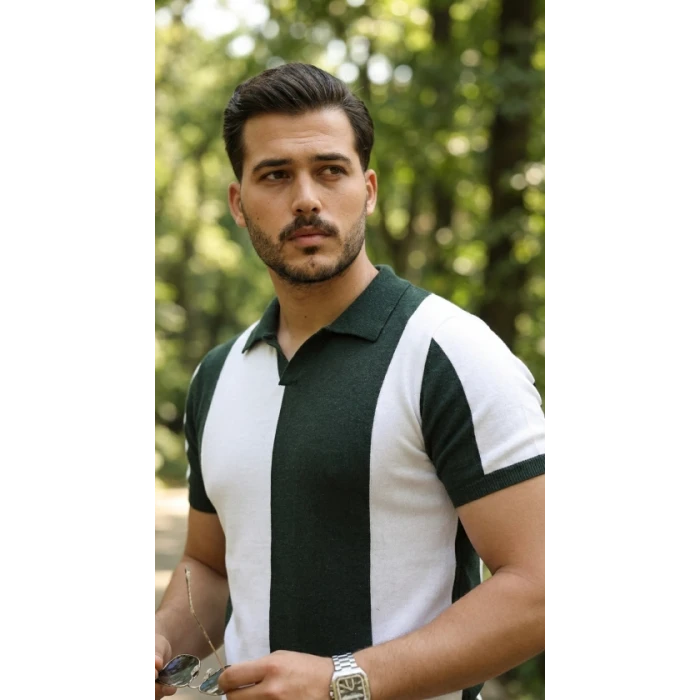 Erkek Kısa Kollu Polo Yakalı Blok Desenli Triko Bluz