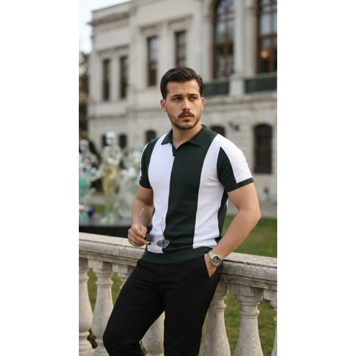 Erkek Kısa Kollu Polo Yakalı Blok Desenli Triko Bluz