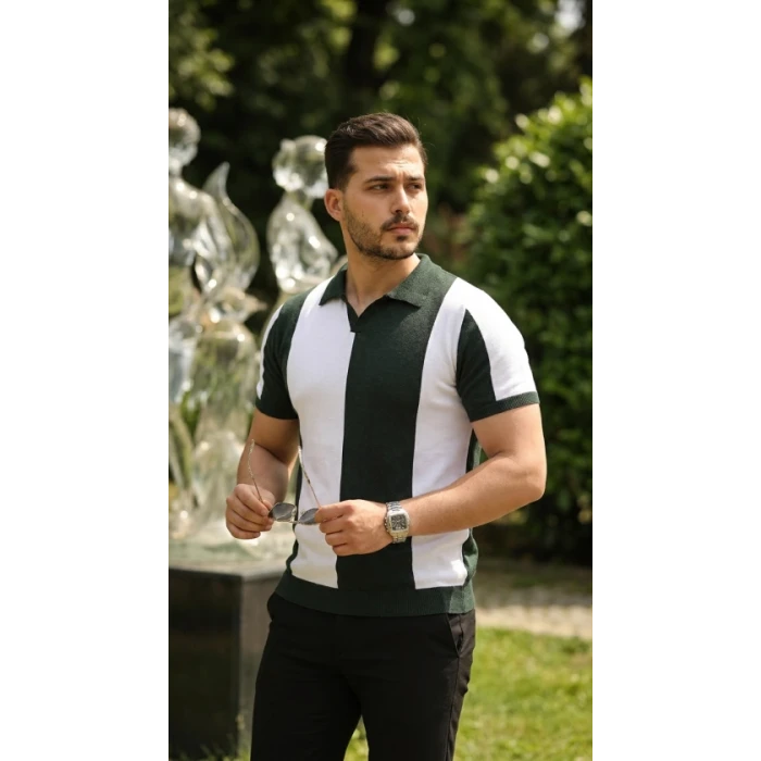 Erkek Kısa Kollu Polo Yakalı Blok Desenli Triko Bluz