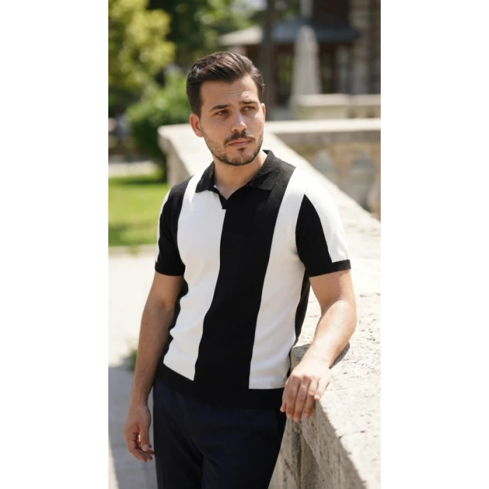 Erkek Kısa Kollu Polo Yakalı Blok Desenli Triko Bluz