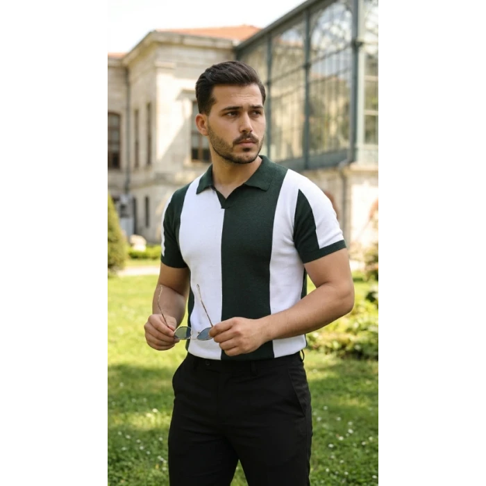 Erkek Kısa Kollu Polo Yakalı Blok Desenli Triko Bluz