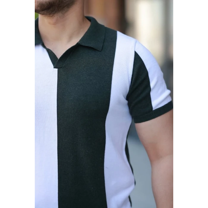 Erkek Kısa Kollu Polo Yakalı Blok Desenli Triko Bluz