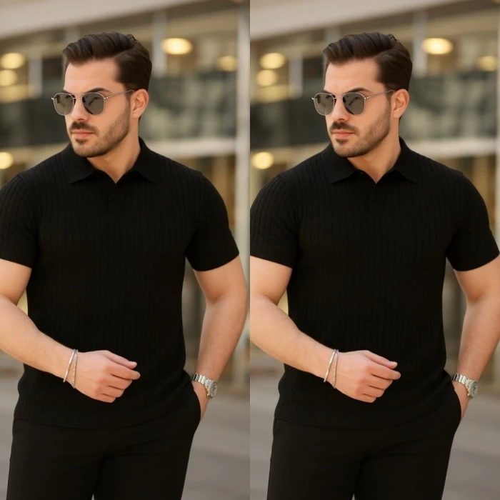 Erkek Kısa Kollu Yakalı Çizgi Desenli Triko Bluz