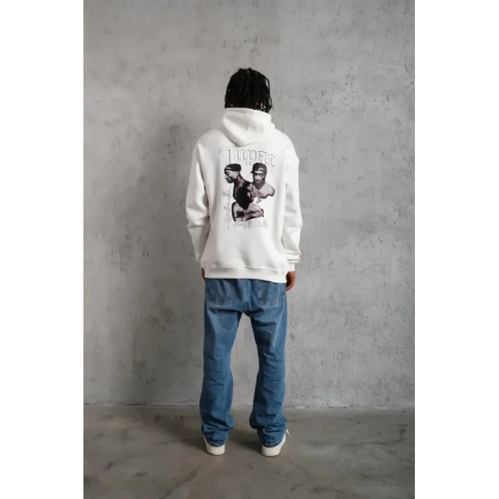 Erkek Kol Ve Etek Ribana Baskılı Kapüşonlu Sweat - Beyaz
