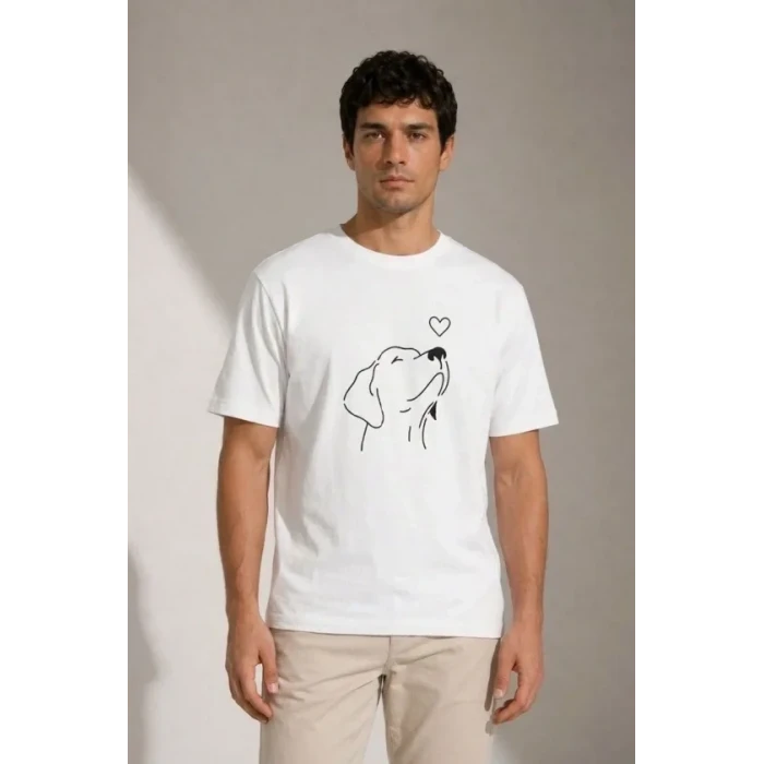 Erkek Köpek Figürlü Minimal Baskılı Tişört Kısa Kol Yazlık T-shirt - Beyaz